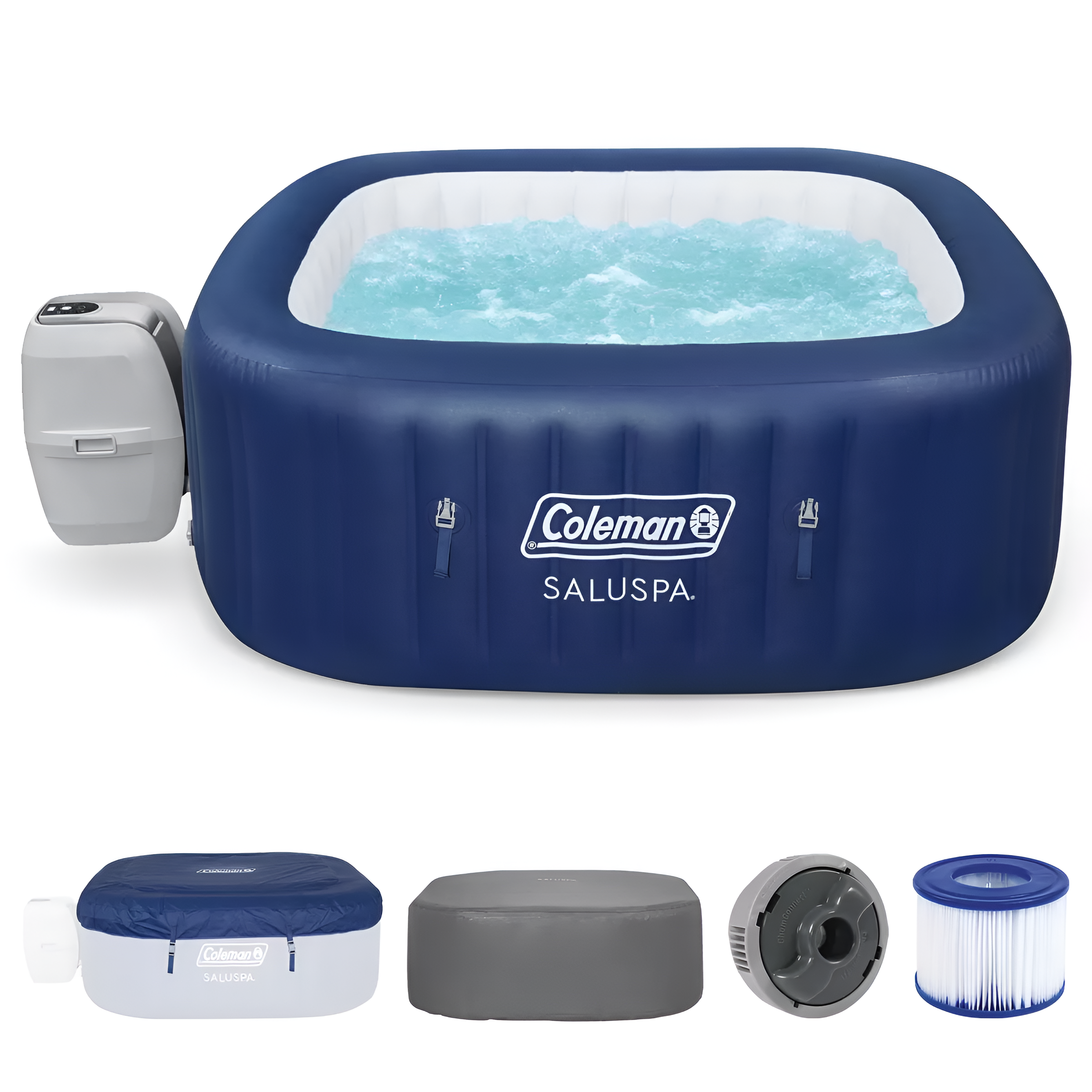 Coleman Atlantis 4–6 Person Square Inflatable Hot Tub | 140 AirJets, EnergySense Cover & FreezeShield Technology — Blue
