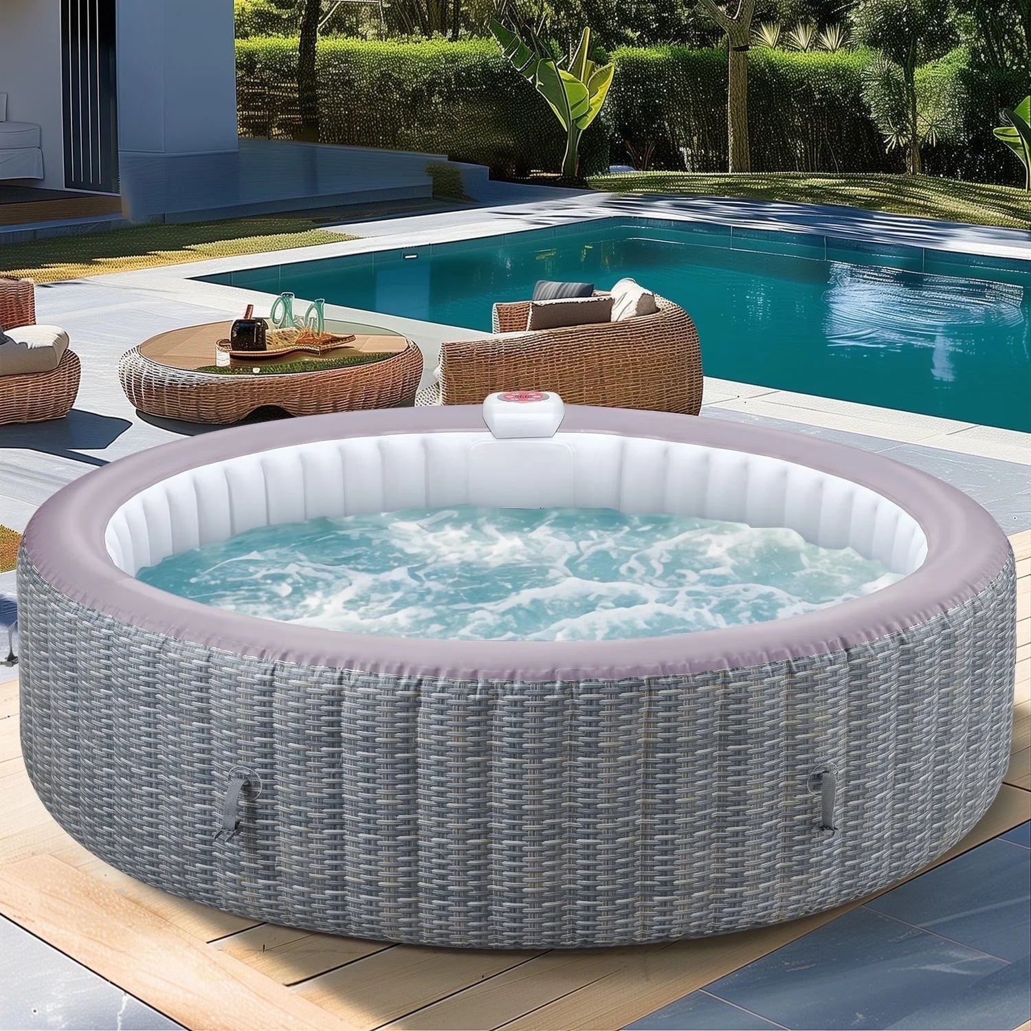 82'' Inflatable Hot Tub, Portable Hot Tub for Home Spa, Outdoor round Hot Tub W/130Pcs Jets, 6 Person Inflatable Pool with Heating, 4 Filters, 2 Cup Holders