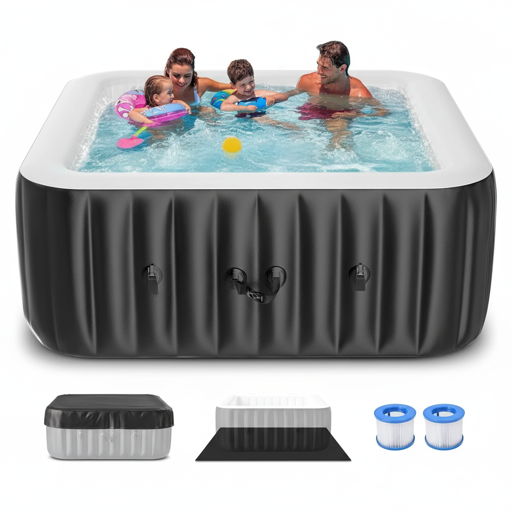 73" Square Inflatable Hot Tub for 4–6 People | Portable Outdoor Spa with 130 Bubble Jets, 1350W Heater, Cover & Filter