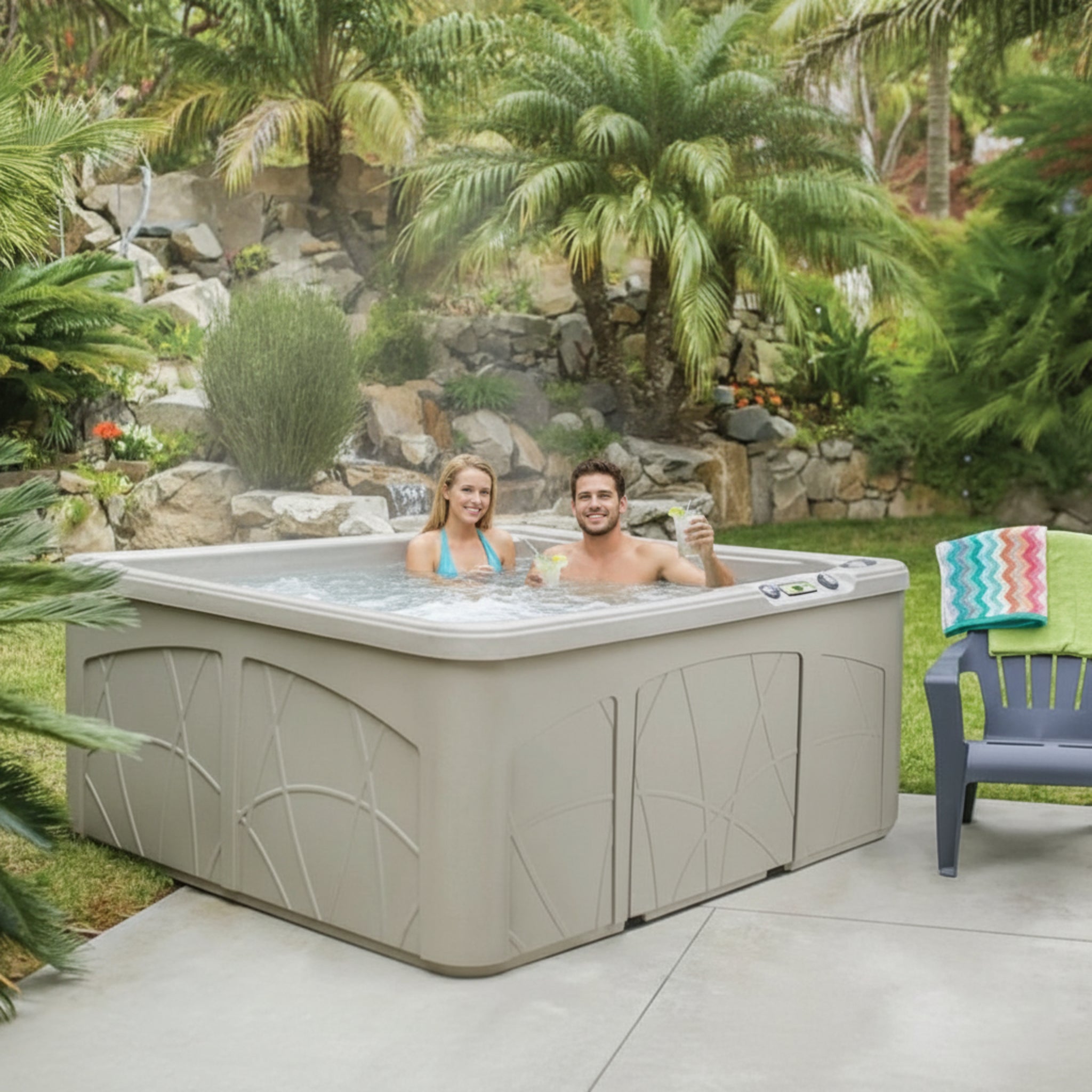 Lifesmart Bahama 5-Person 28-Jet Plug & Play Hard-Sided Outdoor Spa | 110V, Sand, Waterfall & LED Light Included